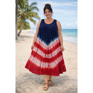 Kaktus Tie Dye Maxi Dress Size XL Red White Blue Boho Sleeveless  Resort Wear